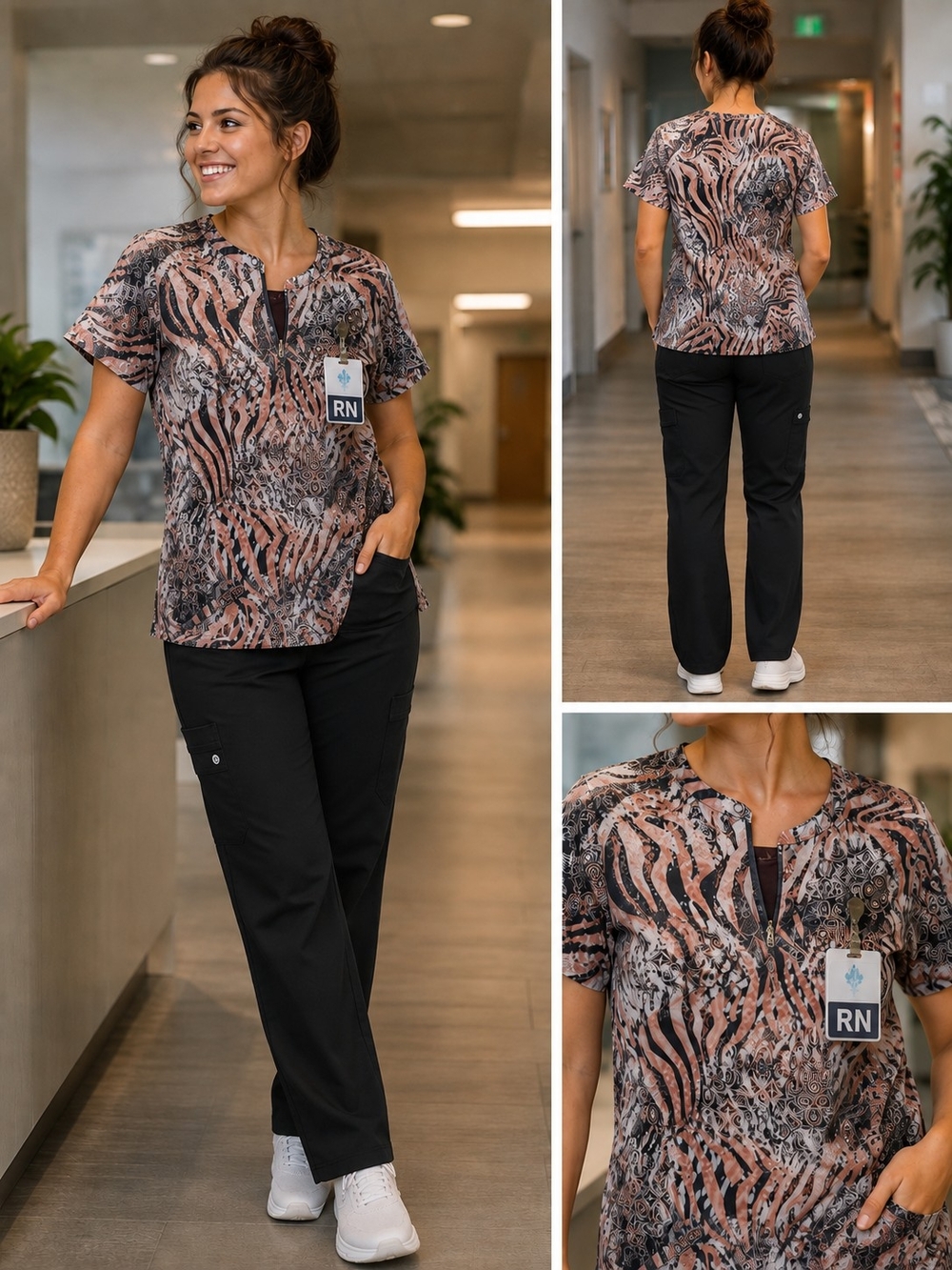 healing hands Brown and Black Animal-Print Short-Sleeve Scrub Top